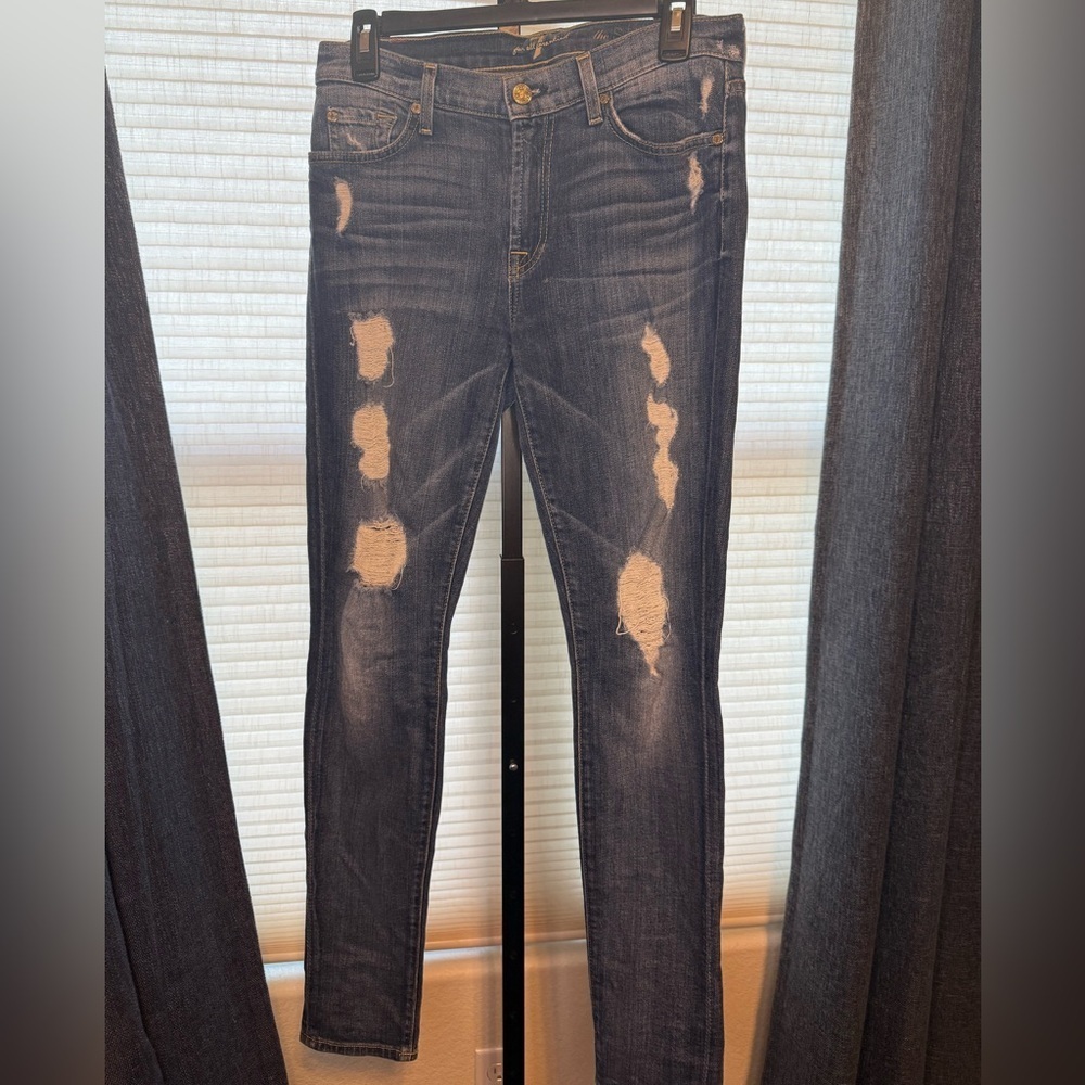 7 For All Mankind Dark Blue Distressed Skinny Jeans